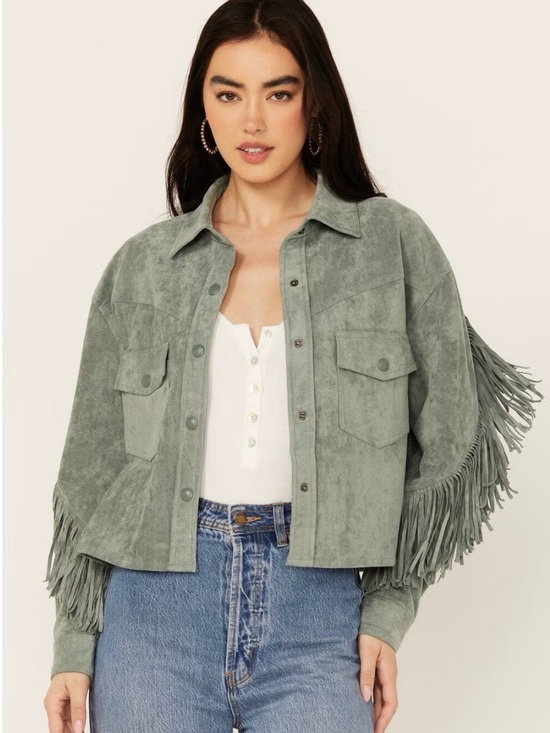 Blank NYC Jackets & Blazers - BLANKNYG - Free People - Fringe Jacket - Faux Suede - women’s sz L - Sage Green